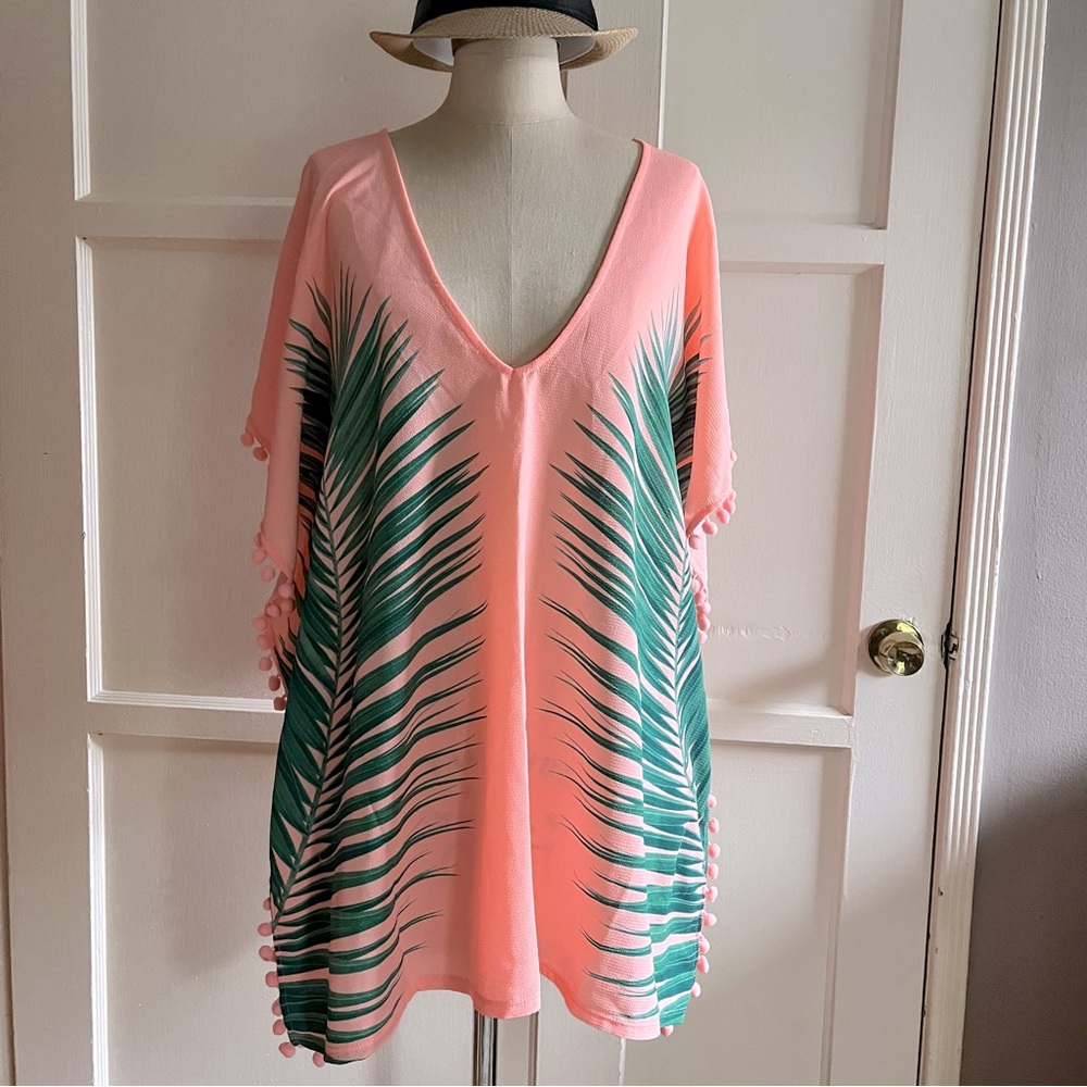 60’s Style Pompons Palm Coral Cover Up•sz M